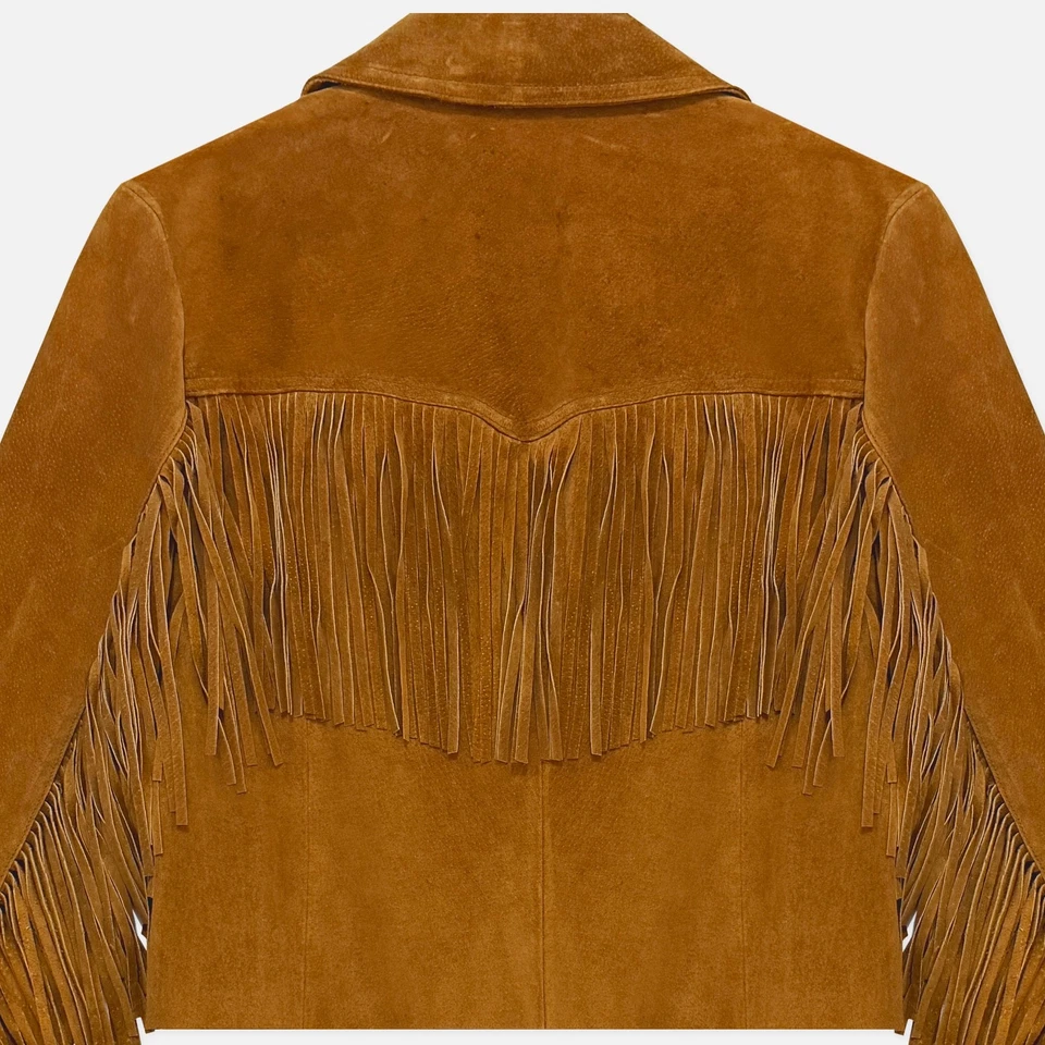 Chaqueta corta vintage Boho Western marrón gamuza genuina cuero flecos botón pequeña Foto 4 de 4