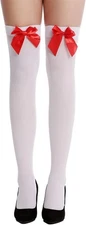 Adult Fancy Dress White Thigh High Stockings Lace Hold Up with Red & Black Satin