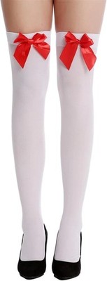 Erwachsene Kostüm weiß Overknee Strümpfe Spitze halterlos mit rotem & schwarzem Satin