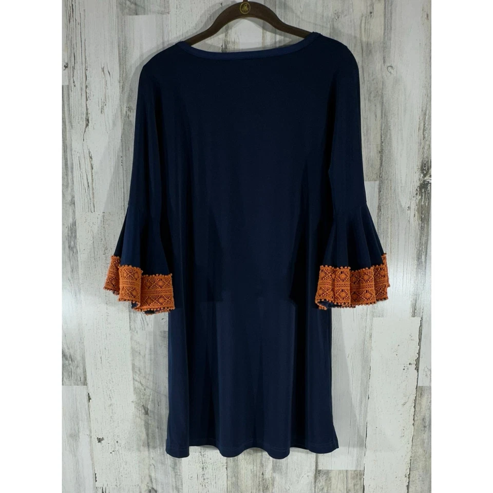Judith March Shift Dress Size Medium Navy Blue Orange Crochet Flounce Sleeve - Image 2 of 4