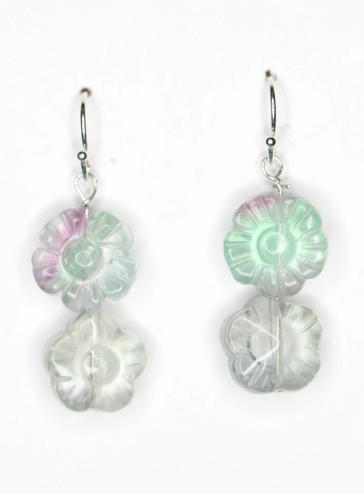 Pendientes de fluorita flor de piedras preciosas naturales verdes plata de ley .925 1 1/2" Foto 2 de 3