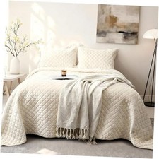 Luxury Velvet King Quilt Set, Ultra Soft Lightweight Cream White Velvet