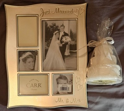 Carr Just Married Mr.&Mrs. Silver-Plated 5-Photo Frame + Wedding Cake Candle Lot