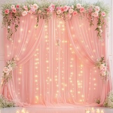 10x10ft Baby Pink Chiffon Backdrop Curtain With Lights String Wedding Party Prop