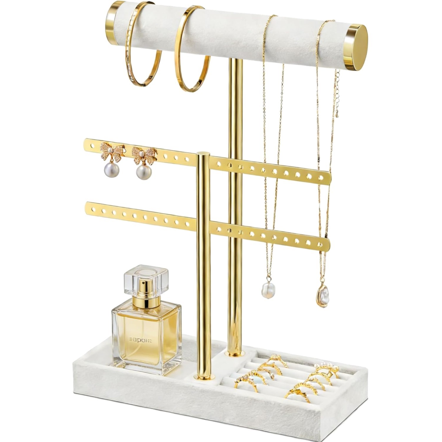 Présentoir T pour bijoux en velours blanc et double niveau de rangement