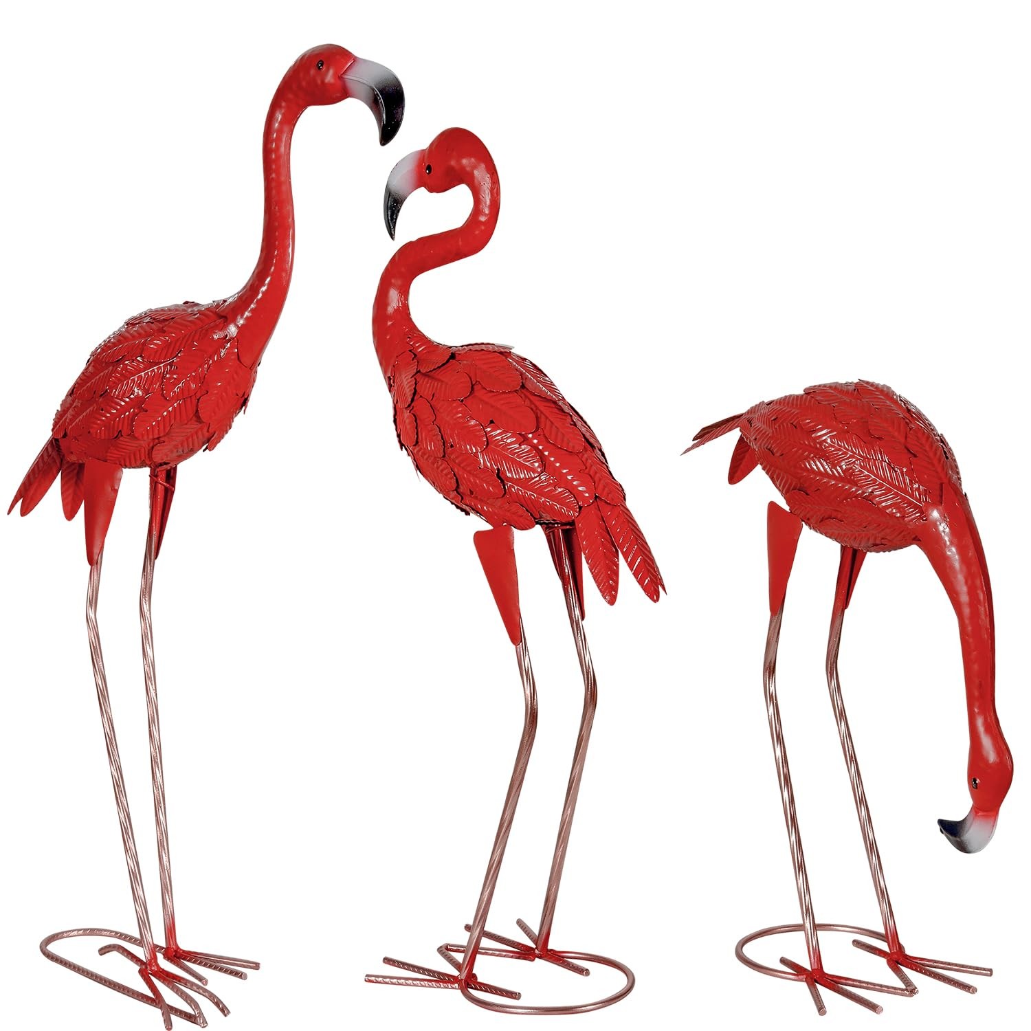 3Pcs Metal Red Flamingo Garden Statues Outdoor Yard Art Decor Sculpture