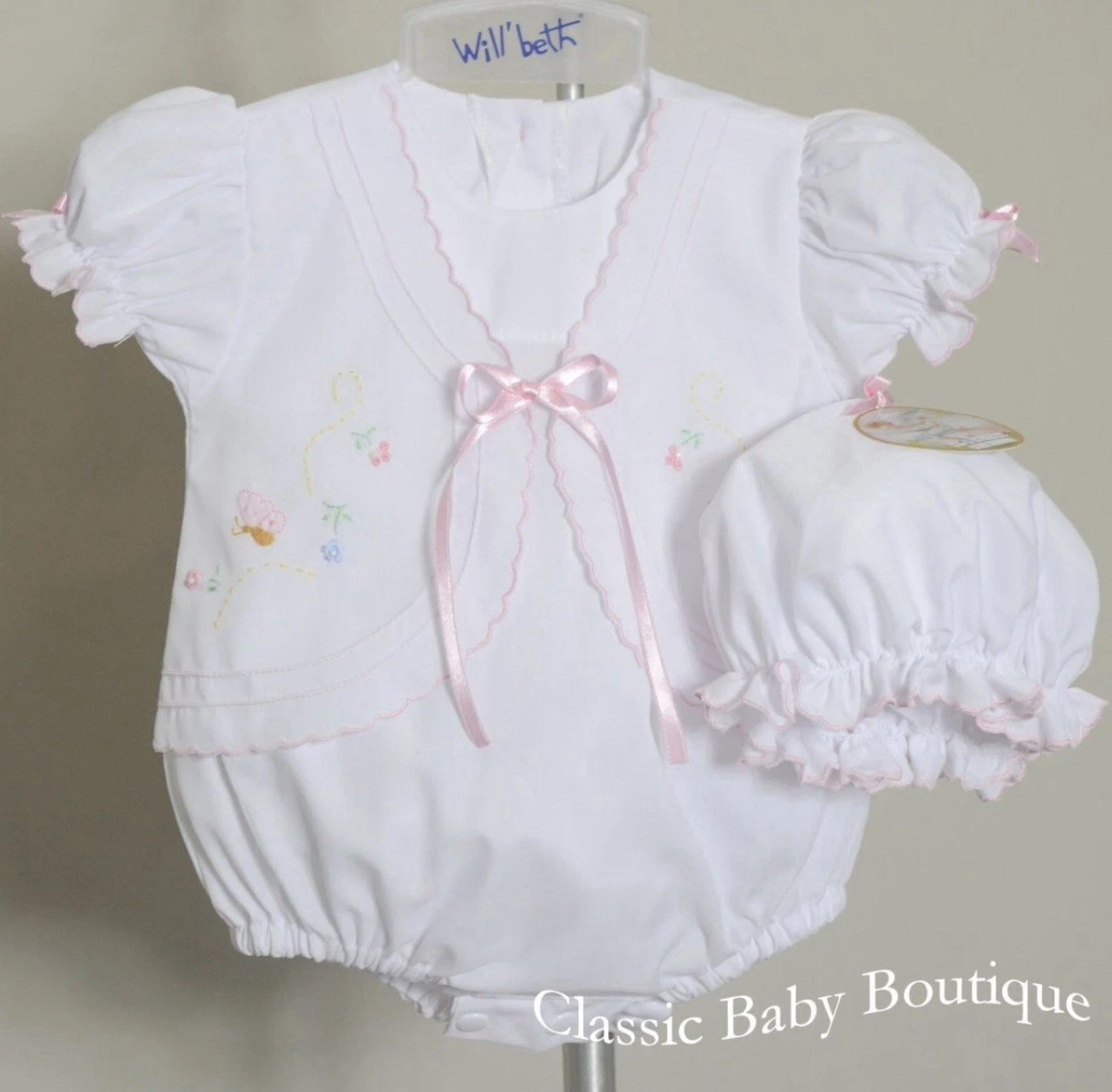 Will'beth Newborn Infant Baby Girl Fancy Dress W/Bubble Hat NWT Embroidered New