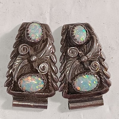 Pair of Ladies Ornate Watch Bracelet Sterling Silver/Opal Lug Caps