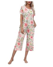 Women's Pajamas Set Short Sleeve Top With Capri Large 01 White/Pink Floral