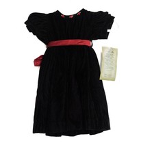 Vintage Size 18M Little Girls Black Velvet Dress W/ Red Sash  Rose Accent