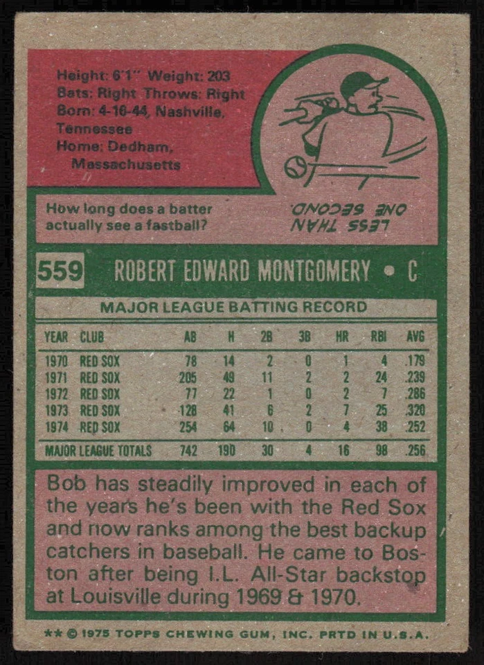 1975 Topps #559 Bob Montgomery - $1 SHIPPING (JB4) - Image 2 of 2