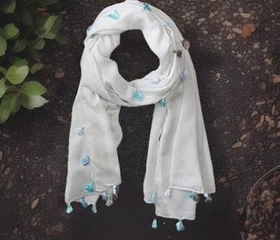 $68 New TAHARI Lightweight SUMMER SCARF Designer GRAY SCARF Boho BLUE Tassel NWT