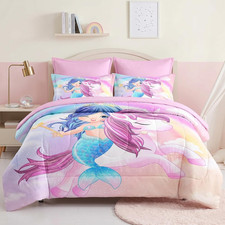 Unicorn Mermaid Comforter Set for Kids Teens - 7 Pcs Rainbow Bedding