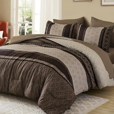 Boho Comforter Set Full Size,Light Brown Striped Bed in a Bag,Plaid Comforter