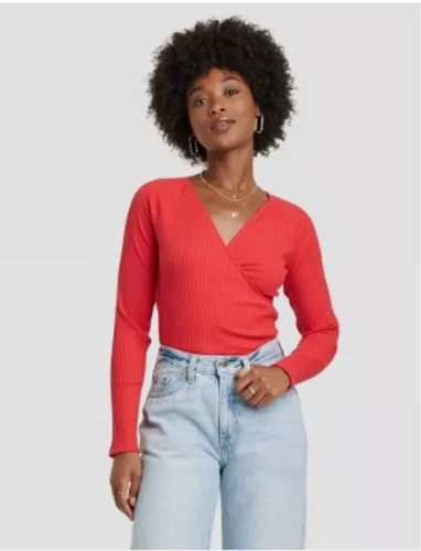 Blusa Top Acanalada Universal Thread Para Mujer Manga Larga Cuello en V Rosa Talla Mediana - Imagen 3 de 5