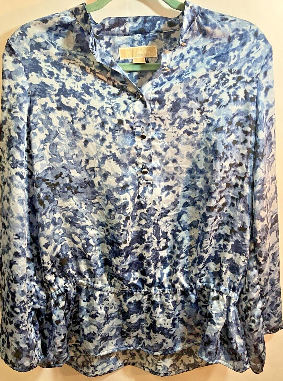 Michael Kors blue leopard print roll tab sleeve blouse size Small