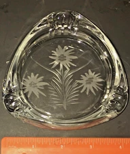 Nice Three Sided Etched 6" Clear Glass Ashtray