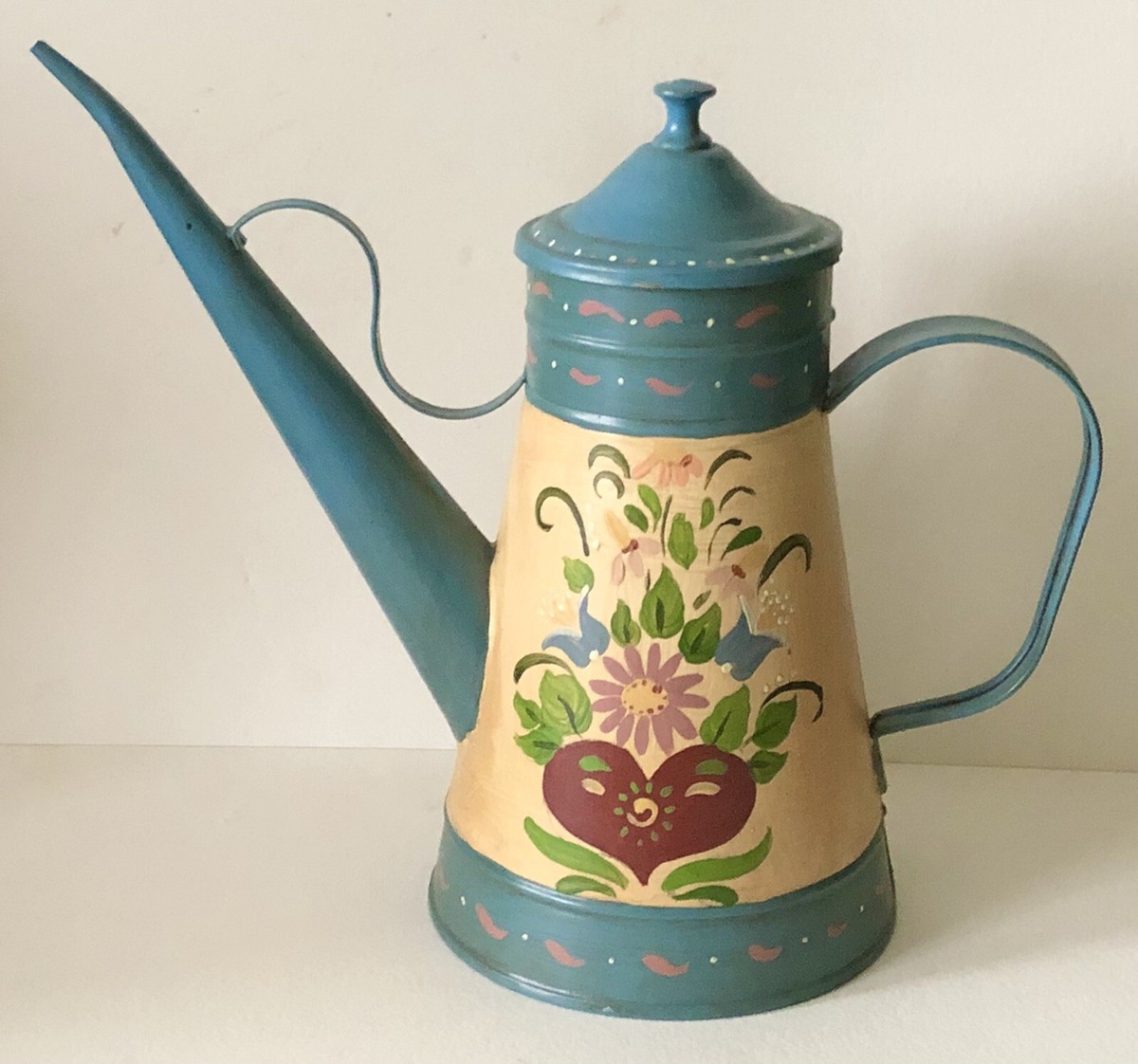 Vintage Tole Hand Painted Tin Toleware Kitchen OIL Pitcher Cooking
