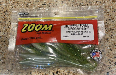 Zoom Super Salt Plus Fluke ~ Baby Bass ~ Fishing Lure / Bait ~ 10 Count~ 023-115