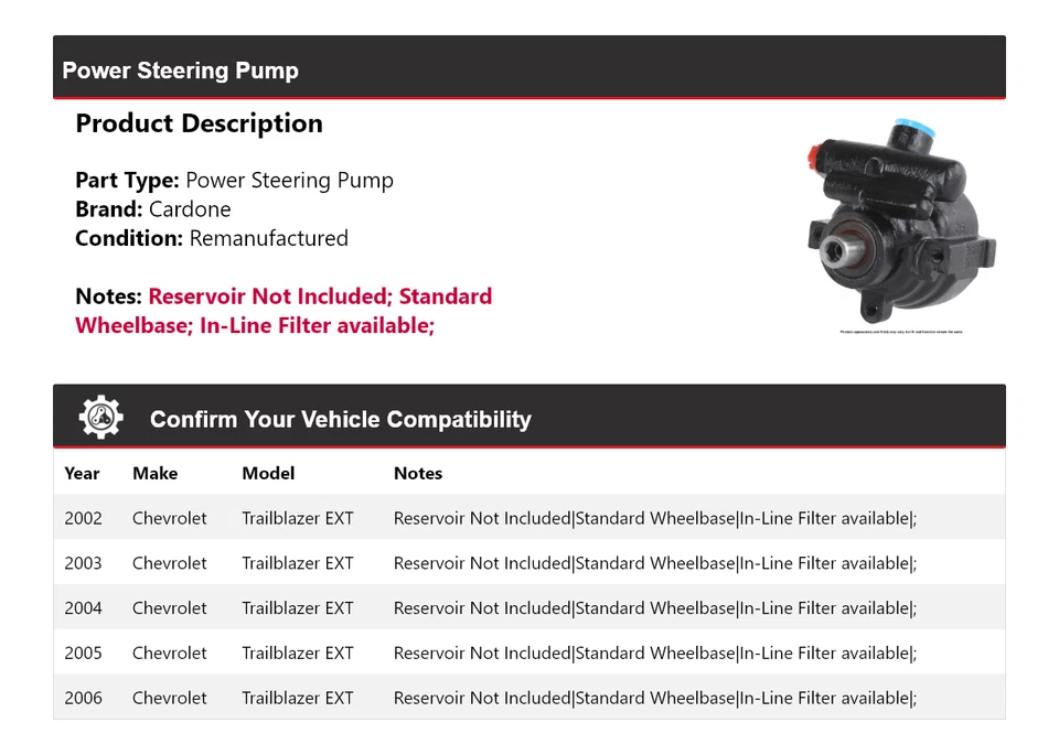Bomba de dirección asistida Cardone 2003 2004 para Chevrolet Trailblazer EXT 2002-2006 Foto 2 de 4