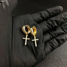 1 Ct Round Cut Moissanite Dripping Cross Hoop Earrings 14K Yellow Gold Plated