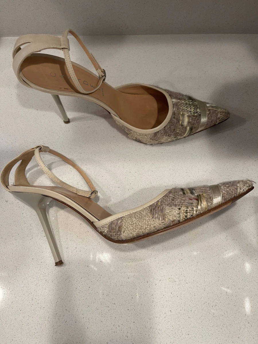 Casadei Heels Tweed Patent Leather Pointed Toe Ankle Strap Shoes