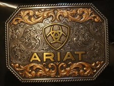 Ariat Western Belt Buckle Rectangle Floral Logo Silver  Gold Tone A37054