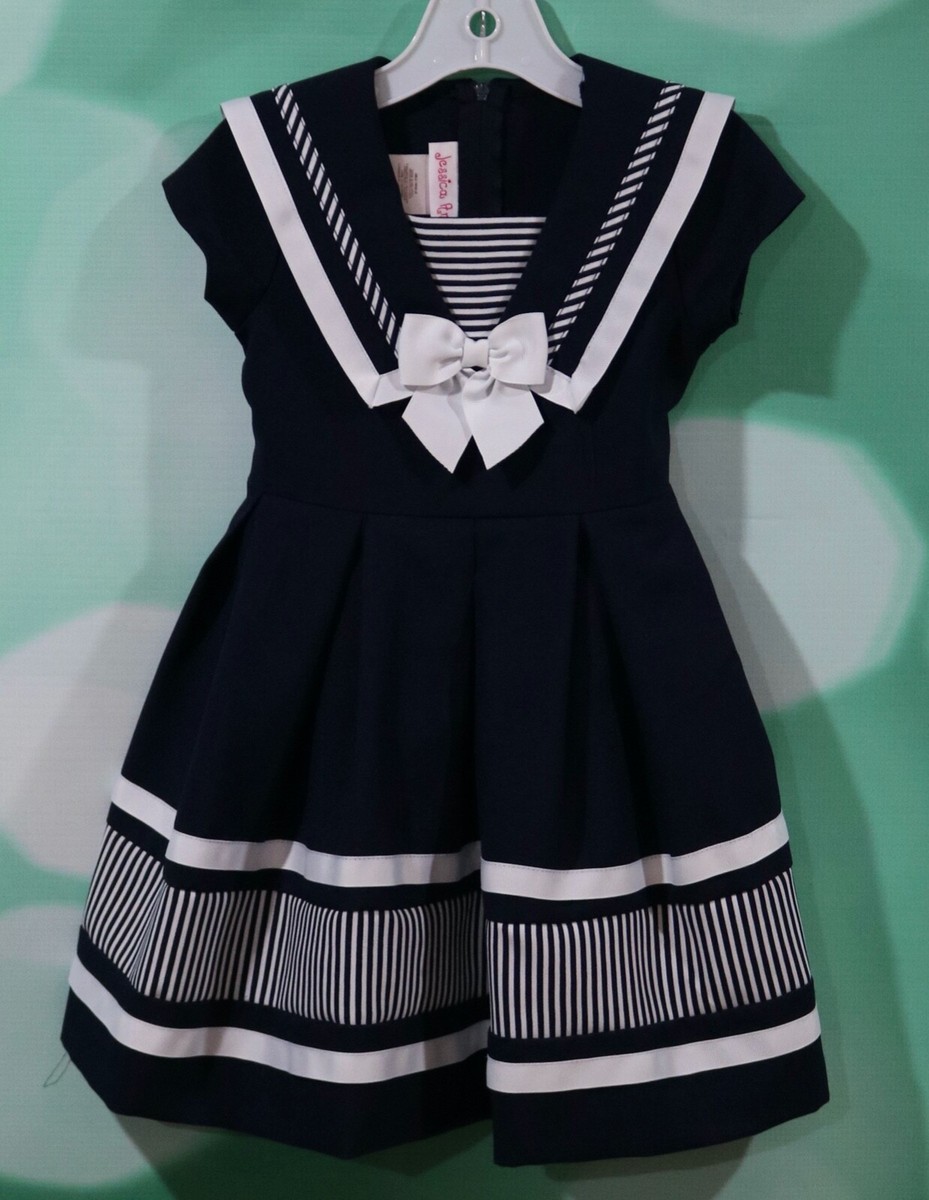 Jessica Ann Girls Size 4 Navy Blue/White Pleated Sailor Dress