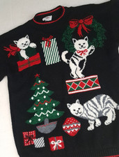 Vintage Woman Holiday Christmas Cats Knit Sweater Medium NutCracker USA made