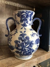 BOMBAY COMPANY Vase 10” Porcelain Blue and White Chinoiserie -2 Handles
