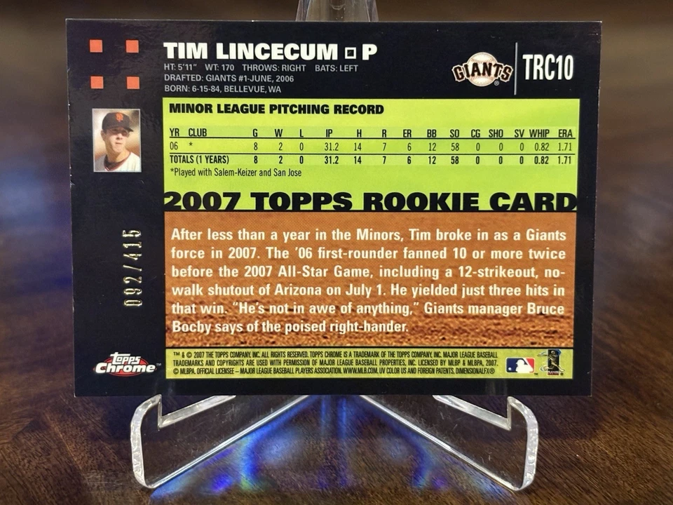 2007 Topps Chrome Tim Lincecum Black Refractor RC /415 #TRC10 Giants - Image 2 of 2