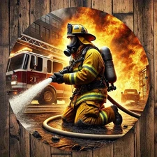 2D Flat2D Flat Retro Hero Firefighter Metal Wall Art 7.8X7.8Inch Round Aluminum