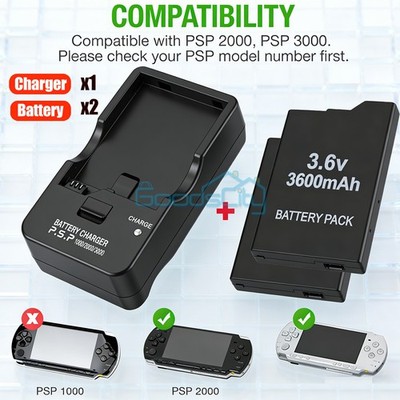 2X NEW For PSP 2000 3000 3001 Replacement Battery 3600mAh 3.6V + Battery Charger