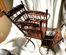 Rare Antique Wicker Rattam Doll Carriage Buggy Chair Early 1900&rsquo;s Metal Wheels