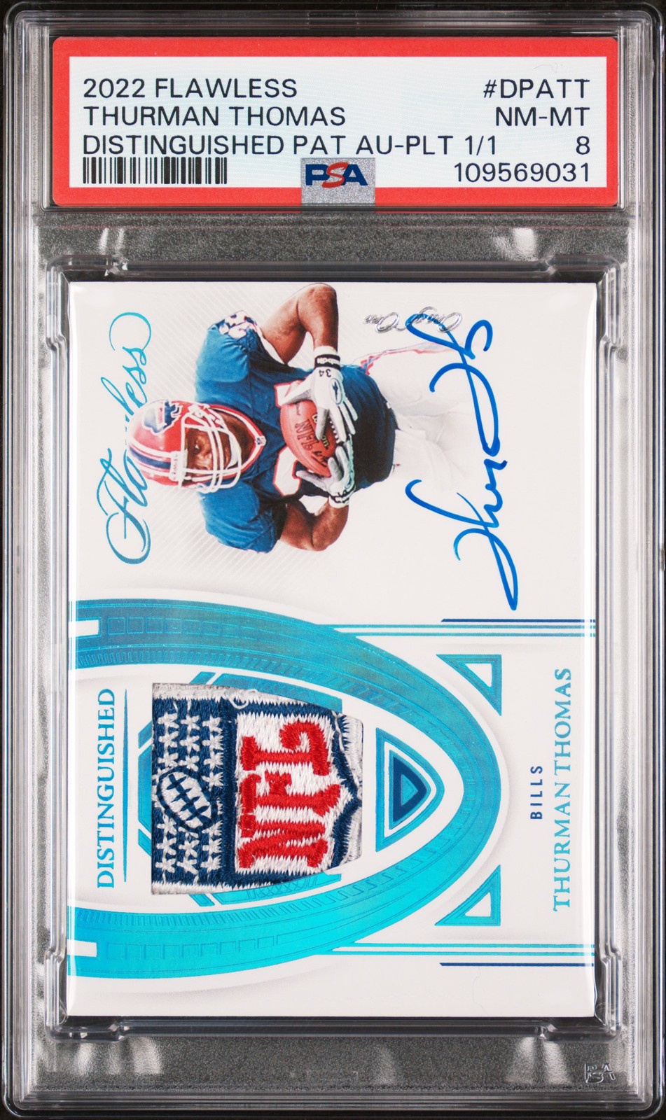 2022 PANINI FLAWLESS DISTINGUISHED PATCH AUTO PLATINUM THURMAN THOMAS 1/1 PSA 8