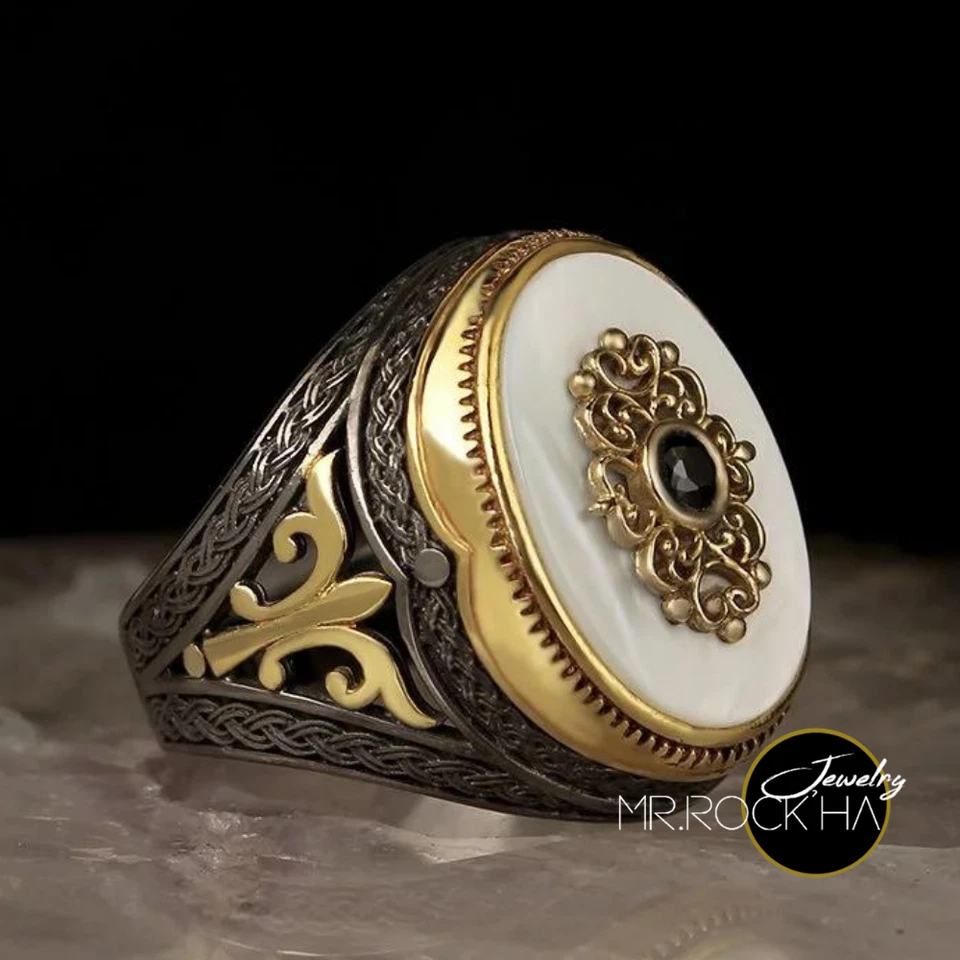 White Mother of Pearl Stone,Gold Rhodium Plated,925 Sterling Silver Men's Ring - Image 3 of 4