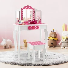 Kids Dressing Table Stool Set Vanity Set w/Polka Dot Print Table & Chair Pink