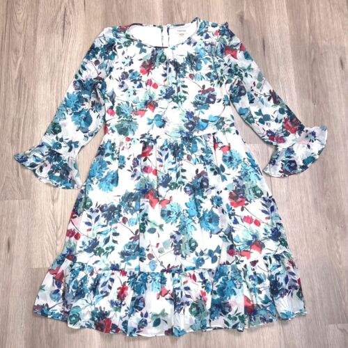 Calvin Klein Dress Size 12 Bell Sleeve Flutter Blue Floral Fairy Beachy Boho