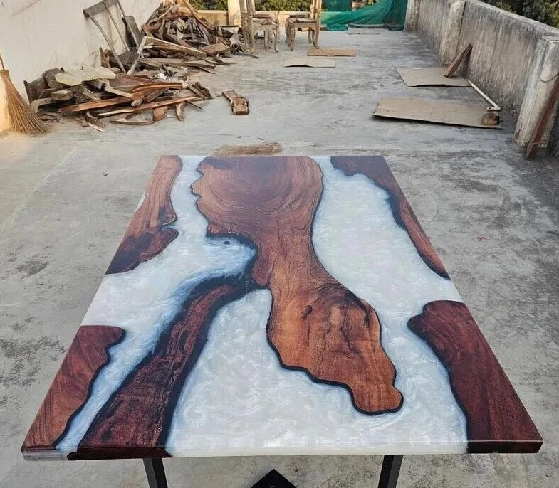 White Epoxy Resin Dining Table Top, Wooden Epoxy Center Table Top Furniture Deco - Image 4 of 4