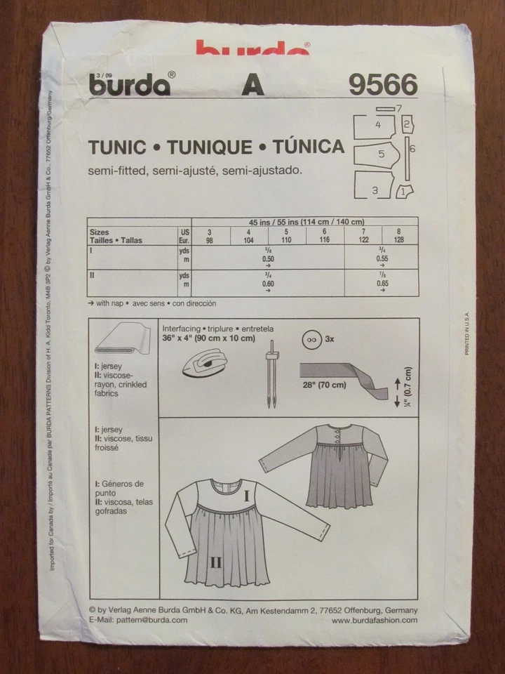 BURDA PATTERN - 9566 GIRL'S TUNIC TOP SHAPED YOKE BACK BUTTONS SIZE 3 - 8 UNCUT  - Image 2 of 2