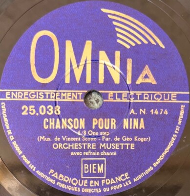 Musette Orchester: Lied für Nina / Ein Walzer... PLATTE 78 rpm OMNIA 25.038