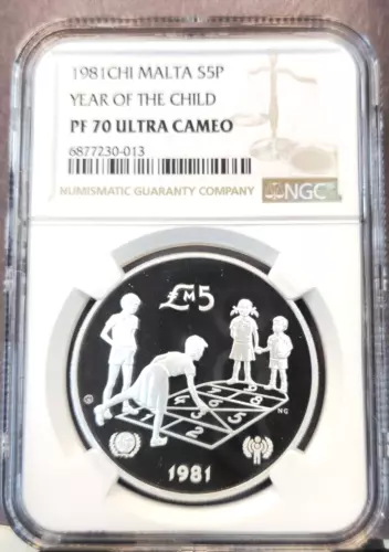 1981 MALTA SILVER 5 POUNDS YEAR OF THE CHILD NGC PF 70 ULTRA CAMEO PERFECT RARE