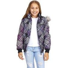 Brave Soul Marley Girls Checked Faux Fur Trim Hood Warm Padded Bomber Jacket