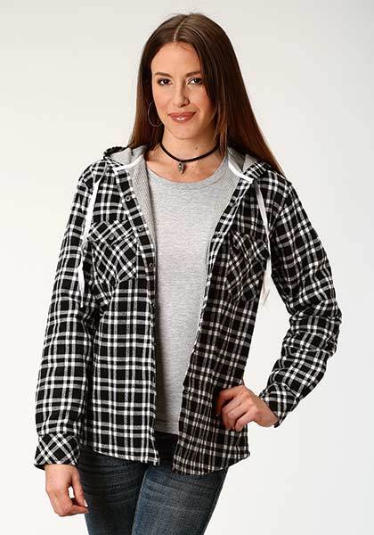 Roper Women's Black White FLANNEL LINED SHIRT JACKET w/ HOOD Size L XL