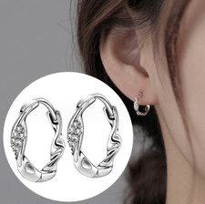 Women 925 Silver Gold Plated Waive Twisted CZ Huggie Hoop Earrings 14mm 2Pcs F14