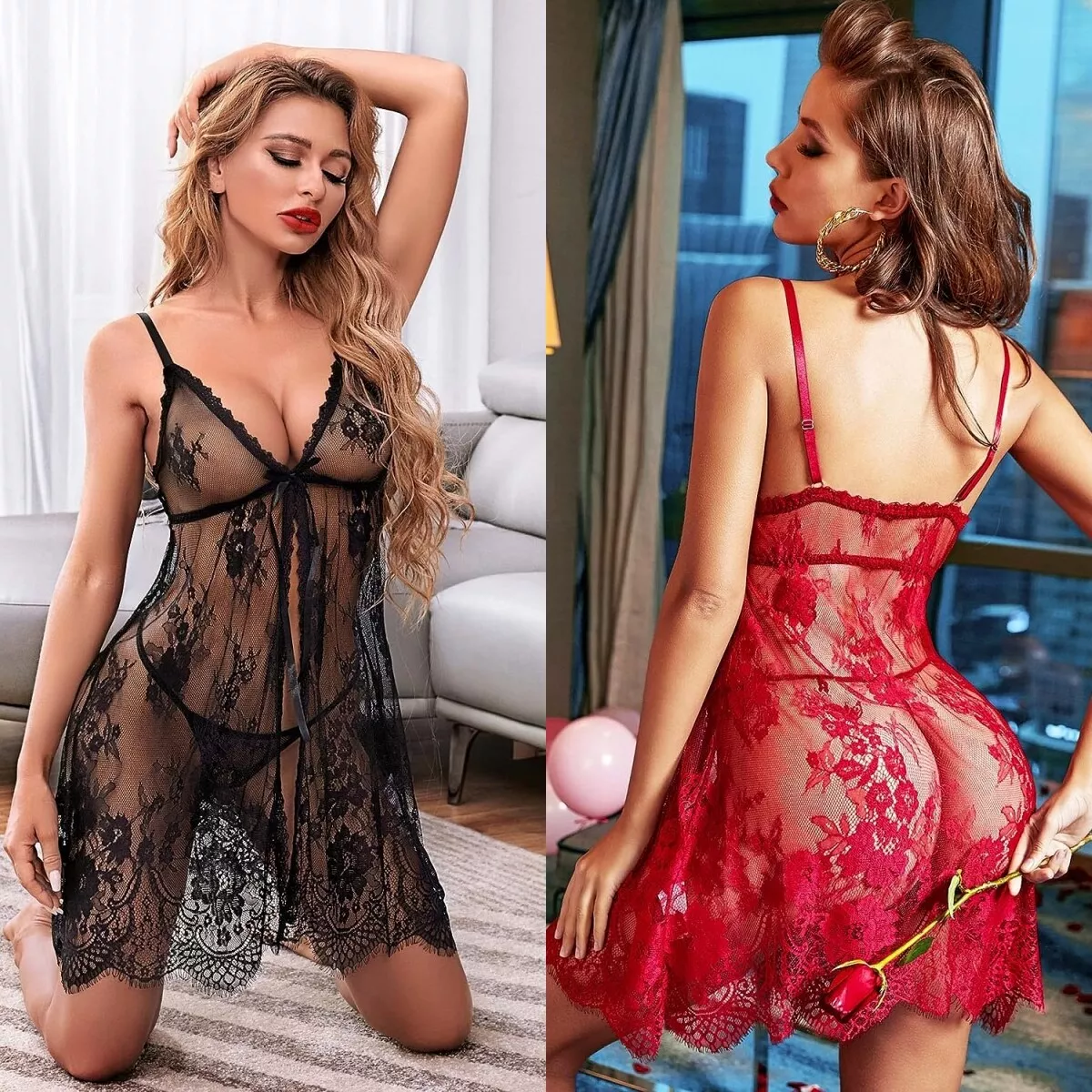 Sexy Open Front Lingerie V Neck Chemise Exotic Negligee Lace Soft Sleepwear