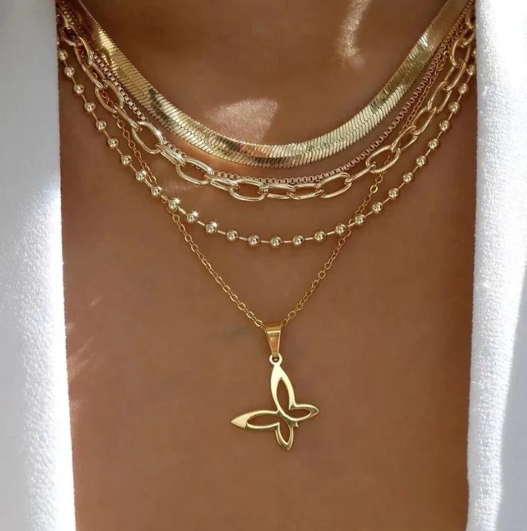 Chargances Crystal Butterfly Choker Necklace - Multi-Layer Chunky Chain, Gold Tone