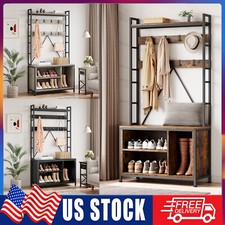 Entryway Bench with Coat Rack Hall Tree Shoe Storage Shelves with 8 Hooks 5-in-1