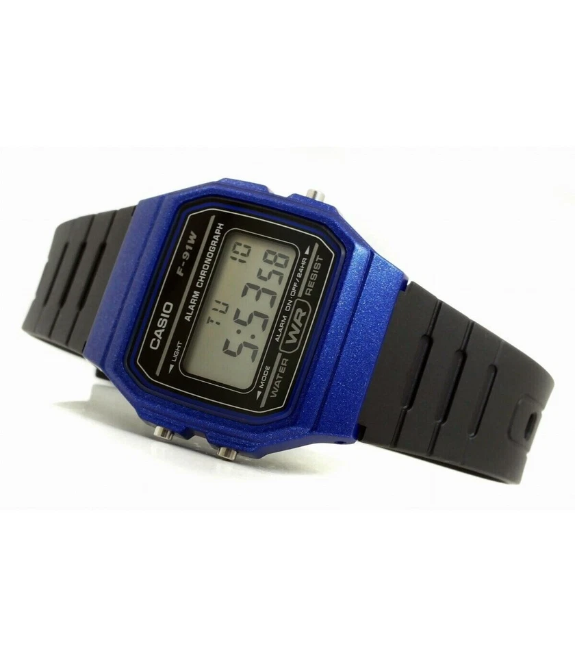 Orologio Casio F-91WM-2A Cronometro Display LCD Cassa Blu Cinturino Resina Nero - Immagine 2 di 4