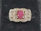 VTG DBJ 925 Gold Tone Cubic Zirconia Red Stone Heart Cocktail Ring Size 8 7gr